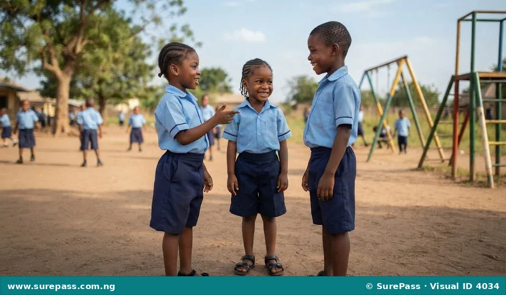 A girl introducing her friend to another person on a school playground.