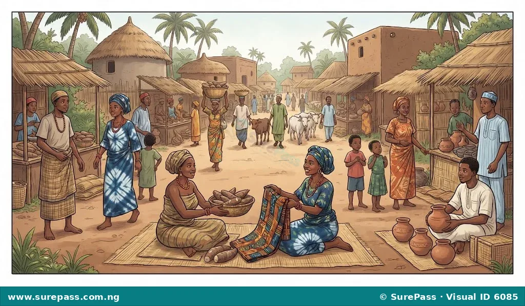 A vibrant illustration of a pre-colonial Nigerian market with people bartering goods like yams, pottery, and textiles.