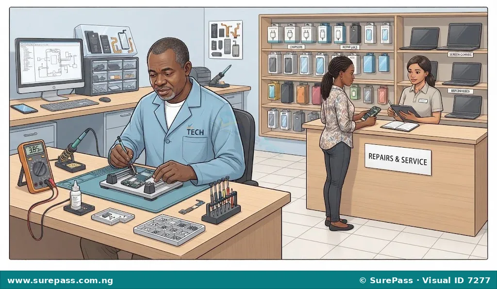 A professional computer and GSM repair workshop showing the business and technical setup.