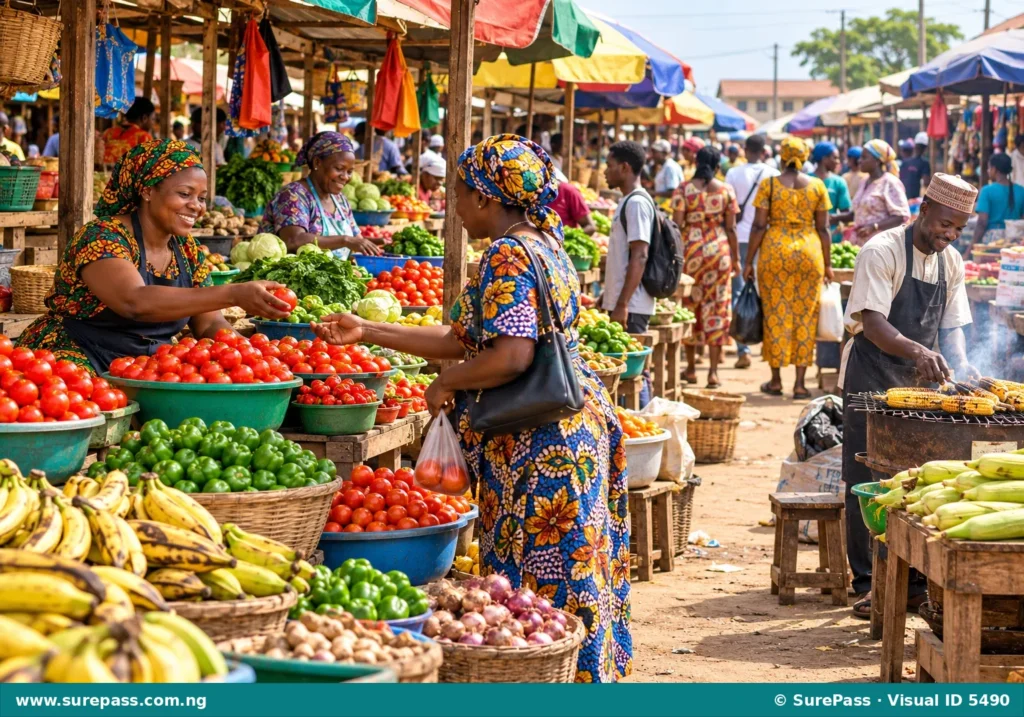 A bustling Nigerian market scene with colorful stalls and active shoppers.