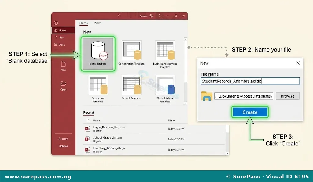 Screenshot of Microsoft Access showing the "Blank database" option and a dialog box to name and save the new database file.