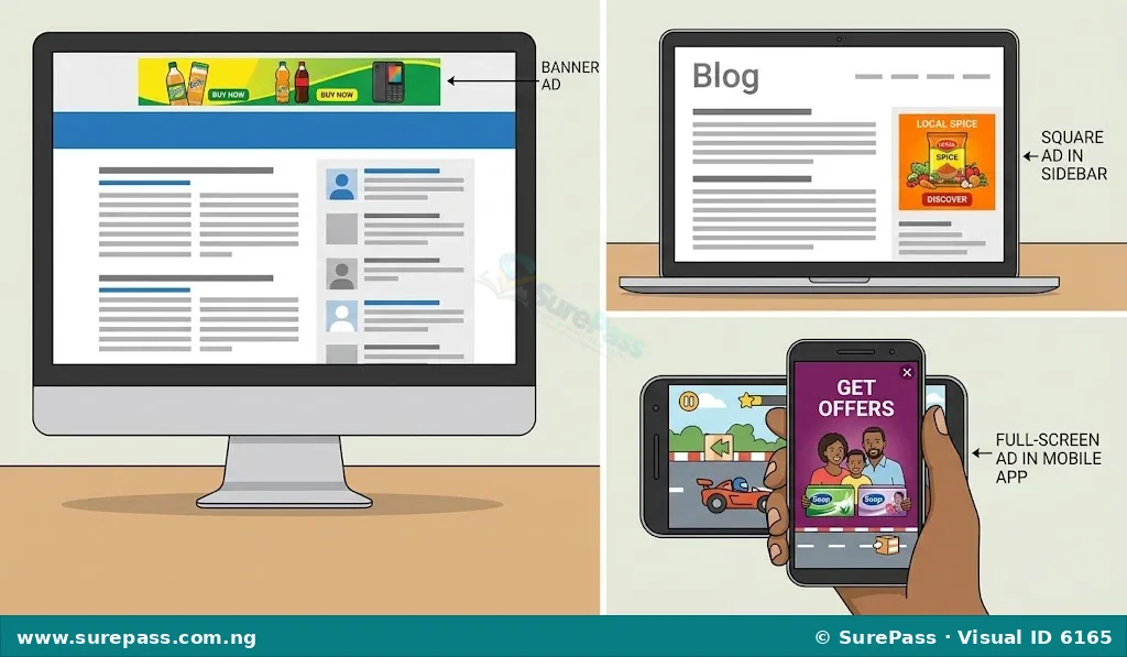 Examples of display ads on a website and a mobile app, showing banner and square formats.