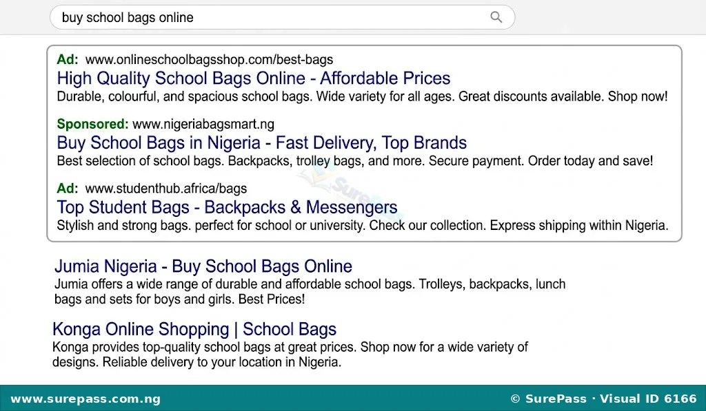 A search engine results page showing text-based search ads at the top, labelled "Ad."