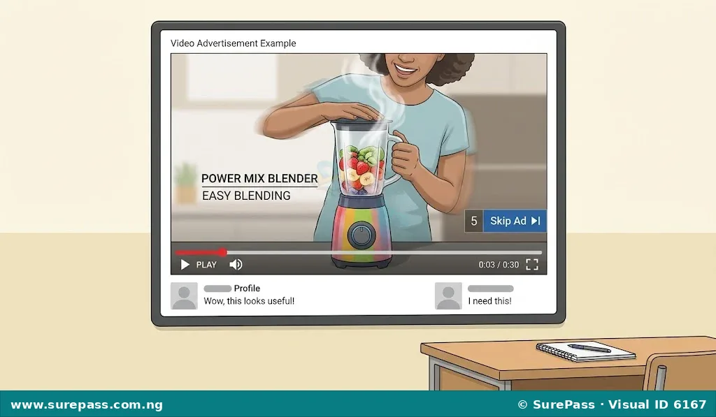 A video player showing a short video advertisement with a "Skip Ad" button.
