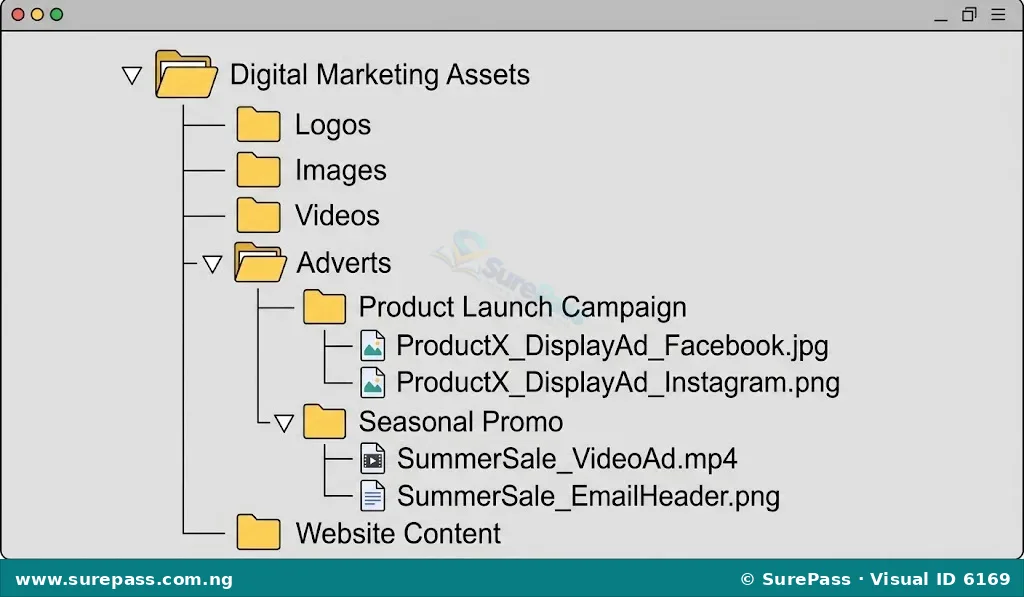 A diagram showing a hierarchical folder structure for organizing digital marketing assets, with clear labels for folders and files.