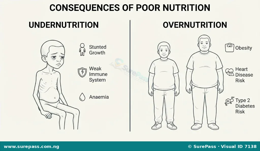 Diagram showing consequences of poor nutrition, including undernutrition (stunted growth, weak immune system) and overnutrition (obesity, related diseases).