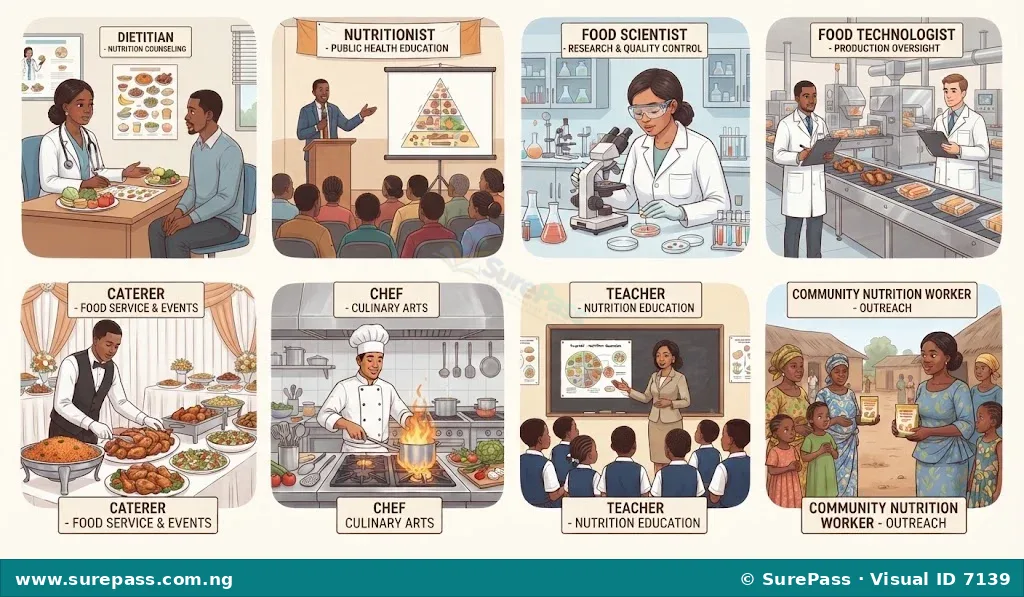 Visual showing different careers in food and nutrition, including a dietitian, nutritionist, food scientist, food technologist, caterer, chef, teacher, and community nutrition worker.