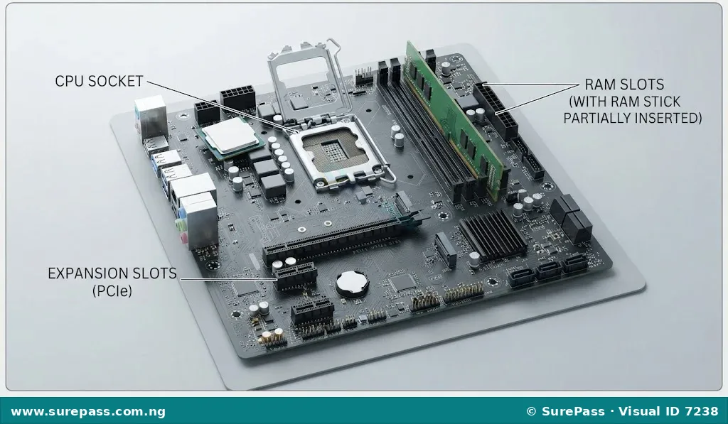 A computer motherboard showing the CPU socket and RAM slots.