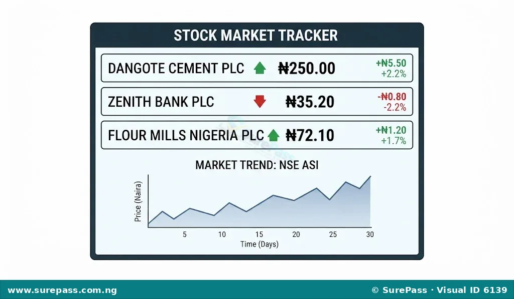 A screen displaying simplified stock market information, including company names, current share prices, price changes, and a small trend graph.