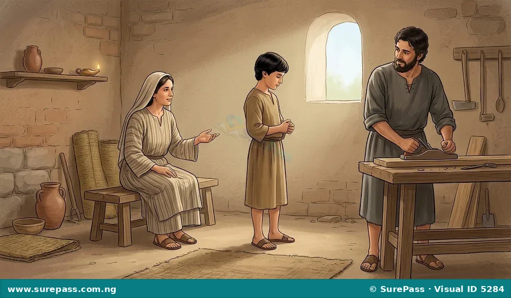 Young Jesus listening respectfully to Mary and Joseph in their home.