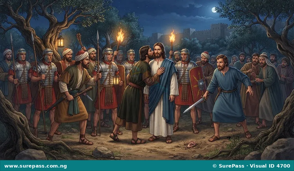 Jesus being arrested in the Garden of Gethsemane, with Judas kissing Him and soldiers surrounding them.