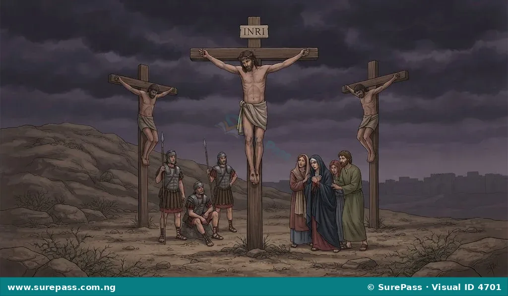 Jesus crucified on the cross at Golgotha, with a dark sky and people mourning below.