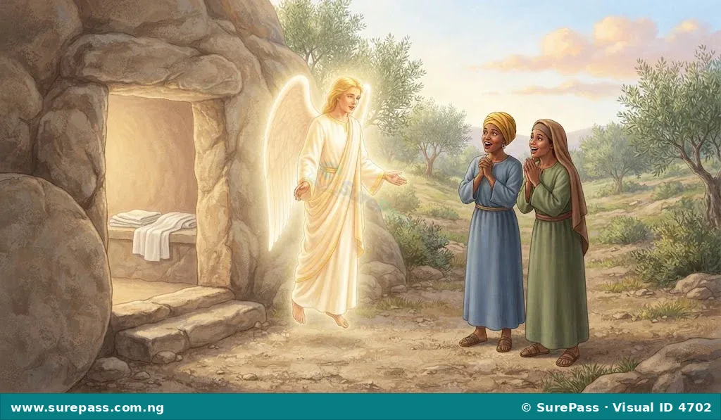 The empty tomb of Jesus with the stone rolled away, two women and an angel present.