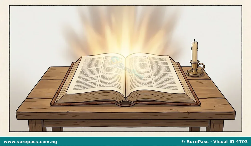 An open Bible with light shining from its pages.