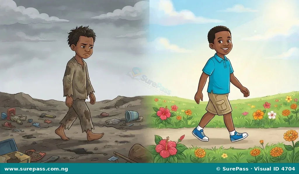 A child moving from a dark, sad background to a bright, joyful background, symbolising a new life.