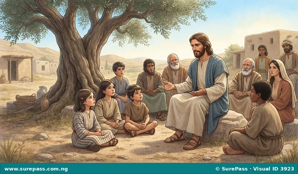 Jesus teaching a group of people, including children, under a tree.