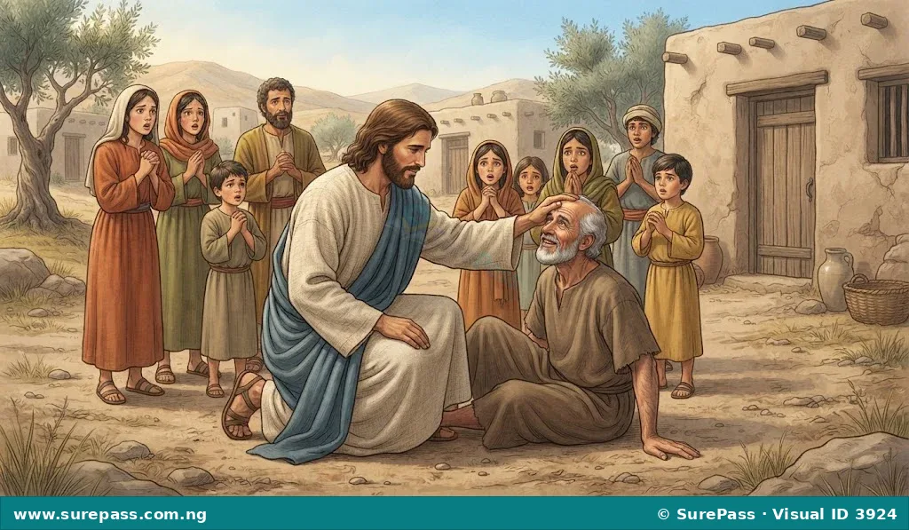 Jesus healing a sick person by touching them, with onlookers nearby.