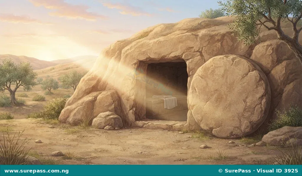An empty tomb with the large stone rolled away from its entrance, showing light inside.