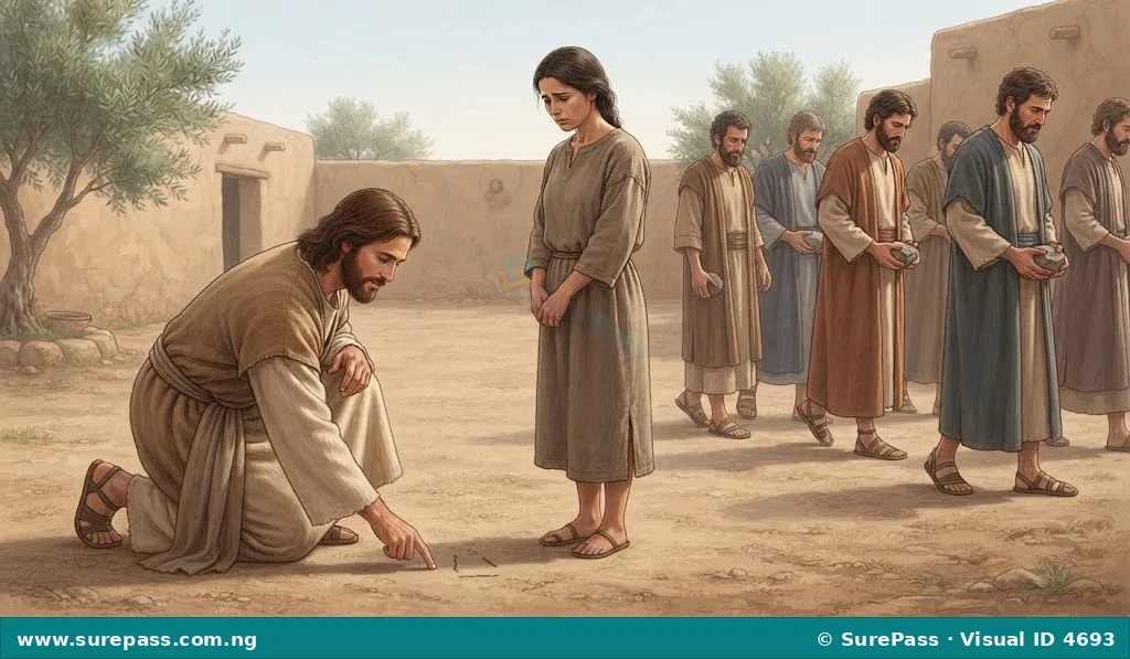 Jesus writing on the ground while men with stones walk away from a woman.