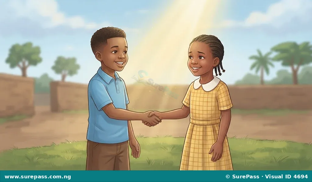 Two children shaking hands and smiling, showing forgiveness.