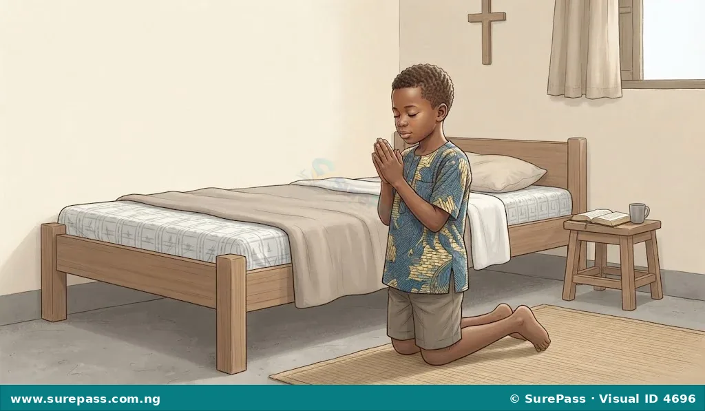 A young Nigerian child praying beside their bed.