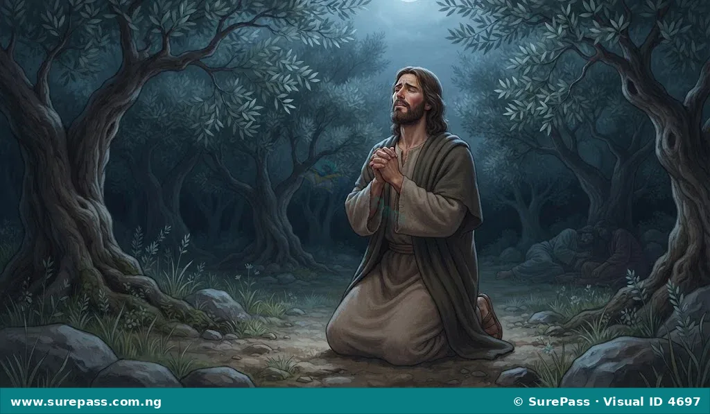 Jesus kneeling and praying in the Garden of Gethsemane.