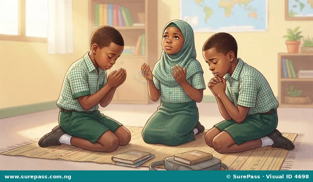 Three Nigerian children praying together for different needs.