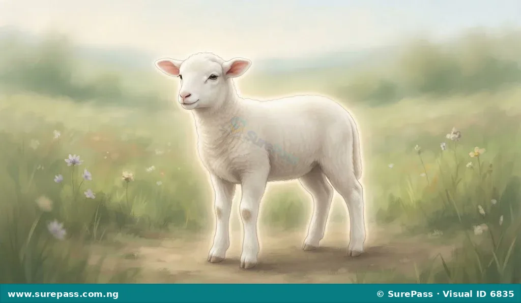 A white lamb standing in a field, representing purity and sacrifice.