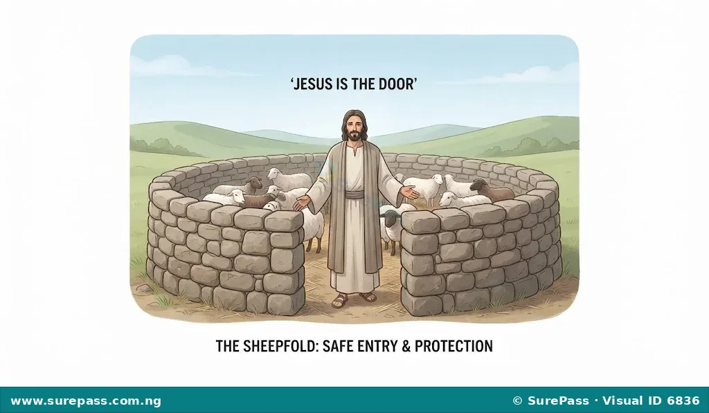 A shepherd figure standing at the entrance of a stone sheepfold, acting as the door, with sheep inside.