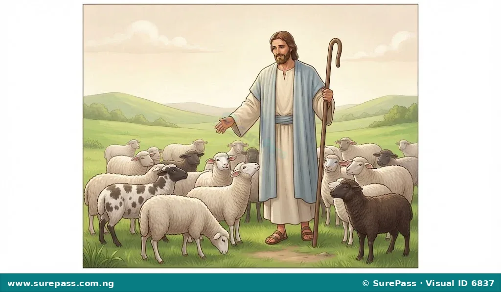Jesus as the Good Shepherd, holding a staff and watching over a flock of sheep in a green field.
