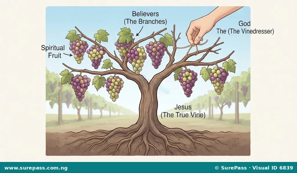 Diagram showing a grape vine with roots, a trunk labeled Jesus, branches labeled Believers, and grapes labeled Spiritual Fruit. A hand prunes the branches.