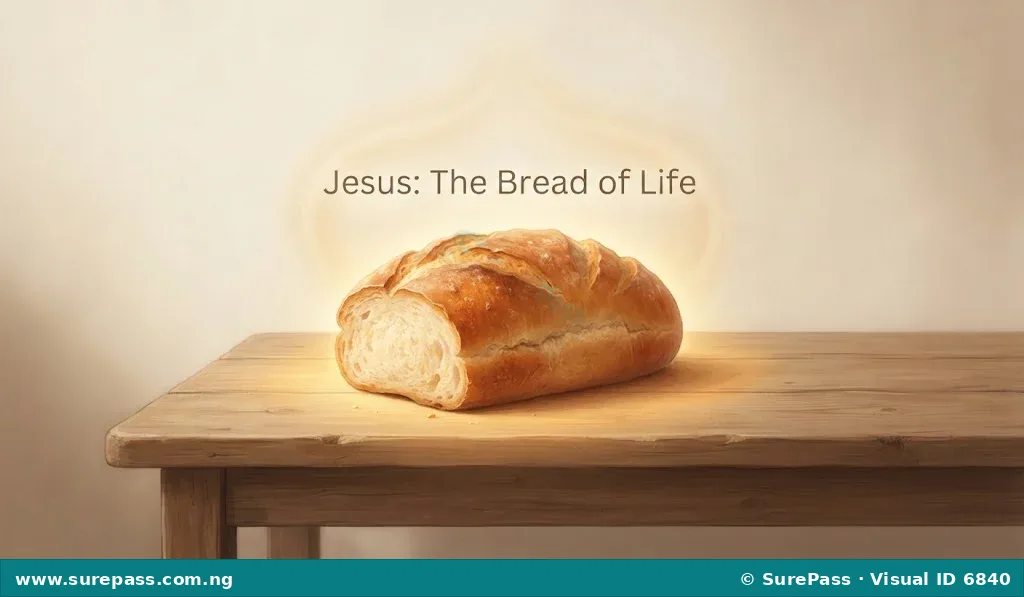 A glowing loaf of bread on a wooden table, with the words 'Jesus: The Bread of Life' in a subtle light above it.