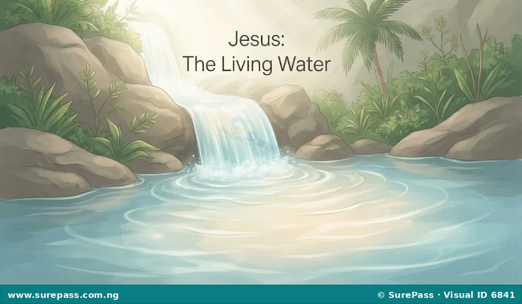 Clear, glowing water flowing into a calm pool, with the words 'Jesus: The Living Water' in a subtle light above it.