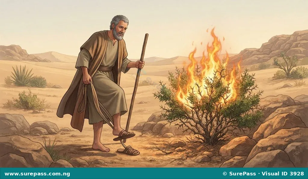 Moses taking off his sandals before a burning bush.