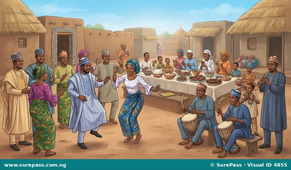 A lively traditional Hausa celebration with people dancing, playing drums, and feasting.