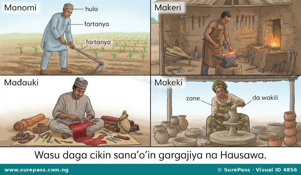Various traditional Hausa occupations including a farmer, blacksmith, leather worker, and potter.