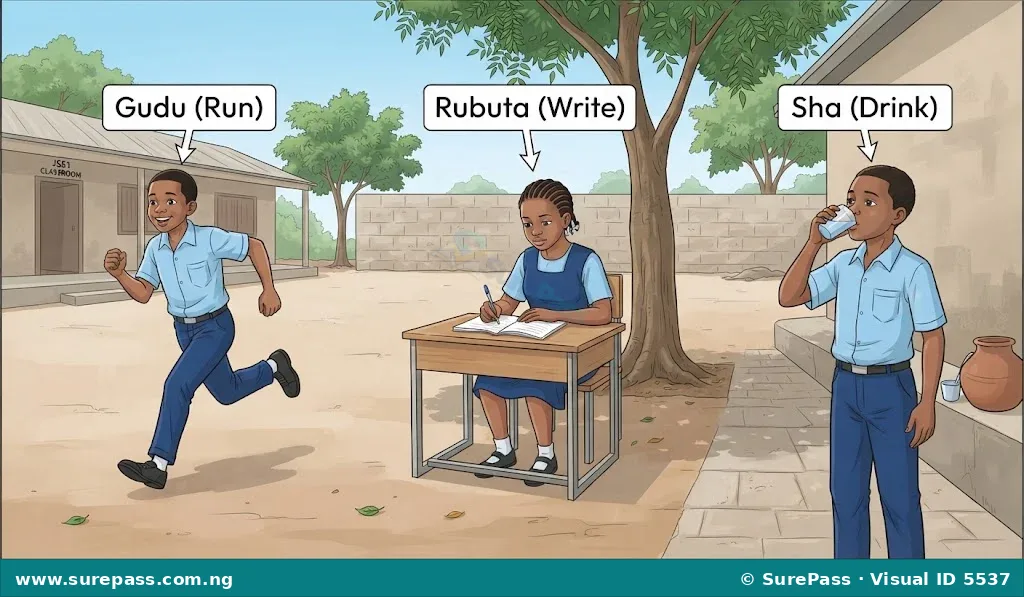 An illustration of students running, writing, and drinking water with Hausa verb labels.