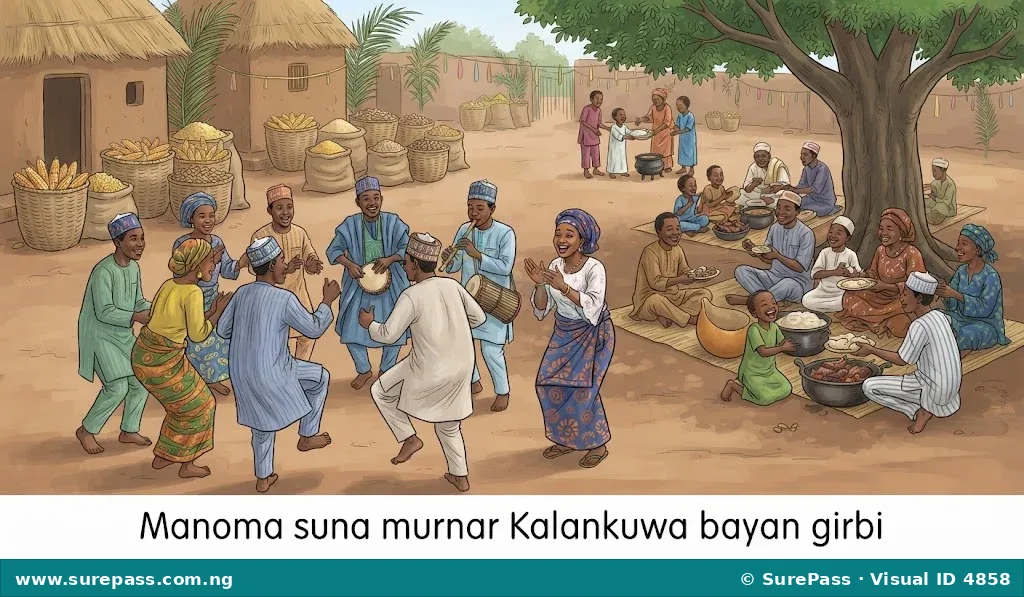 Farmers celebrating Kalankuwa, a harvest festival, with dancing, singing, and sharing food.