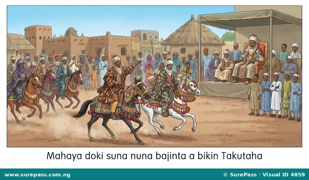 Horse riders in colourful attire performing during a Takutaha festival, with an emir watching.