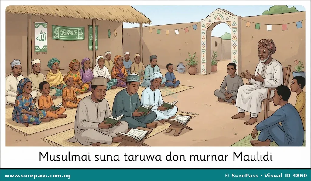 People gathered for Maulidi, reading the Quran and listening to a speaker in a calm setting.