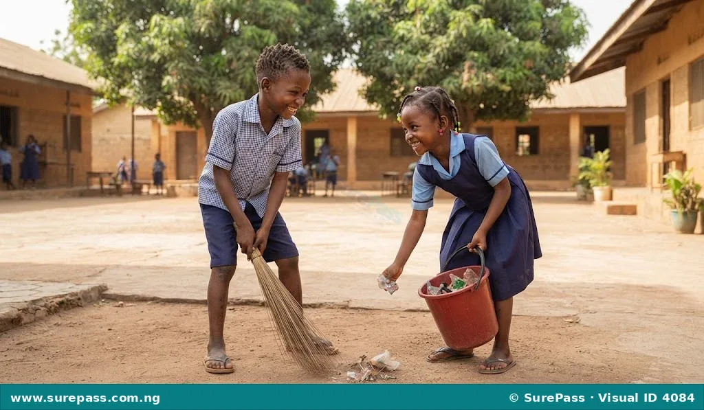 Aminu and Binta cleaning their compound with a broom and bucket.
