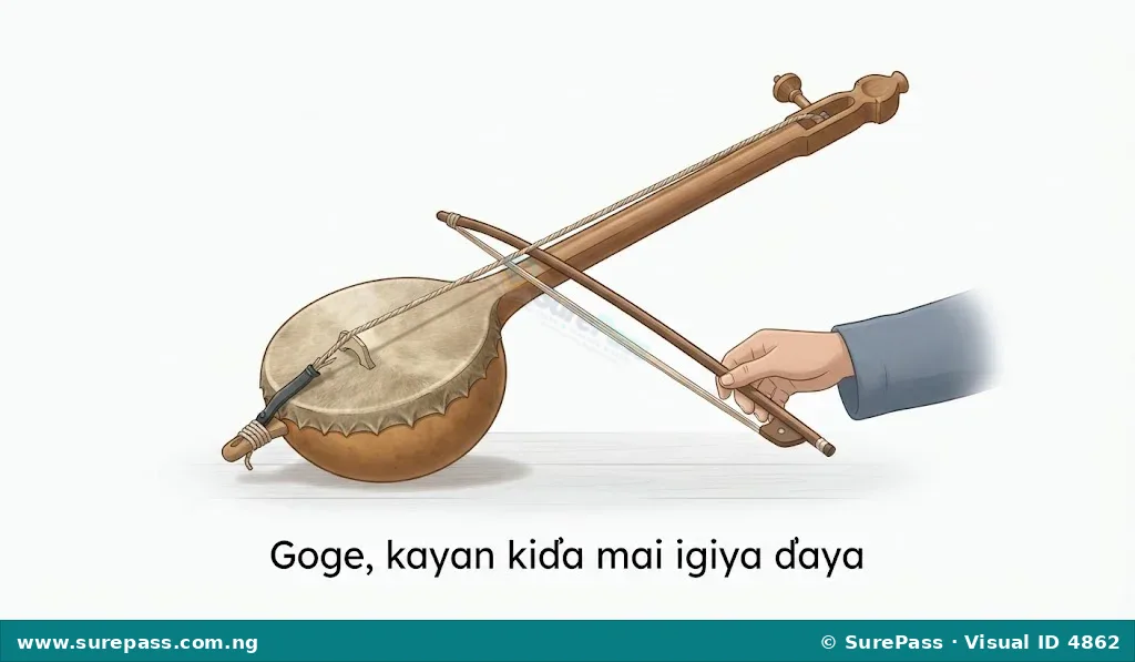 A Goge, a single-stringed fiddle with a gourd body and a bow.