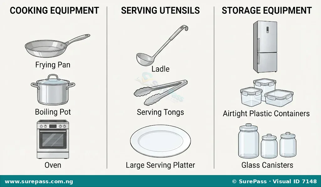 A classification chart grouping kitchen items into cooking equipment, serving utensils, and storage equipment.