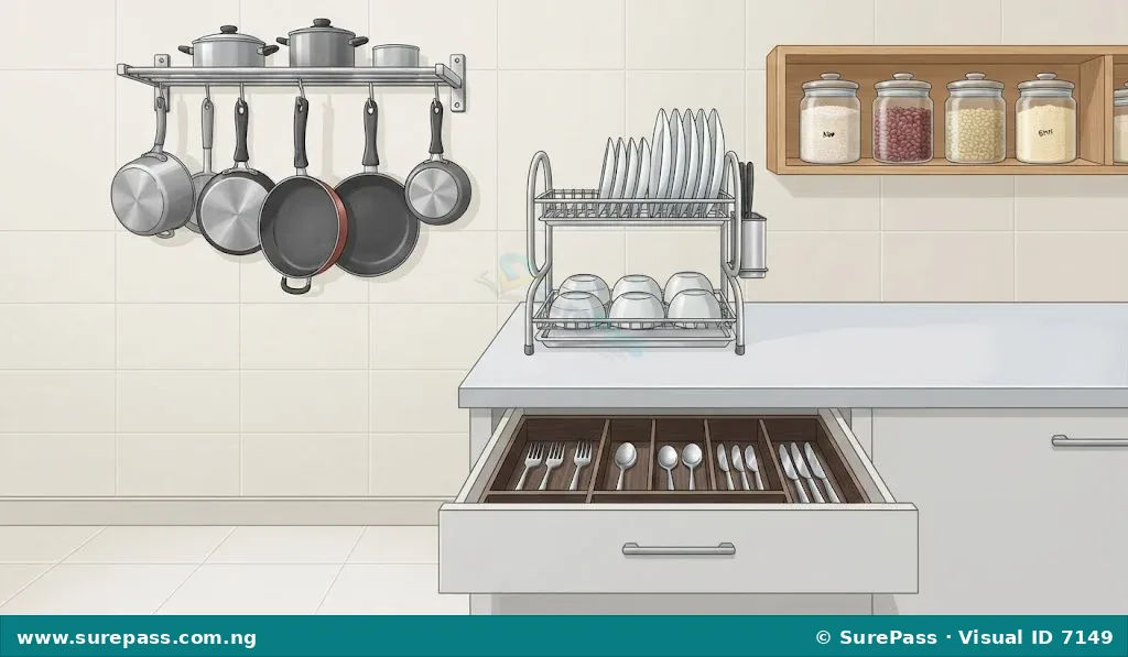 An organized kitchen showing proper drying and storage of pots, plates, cutlery, and canisters.