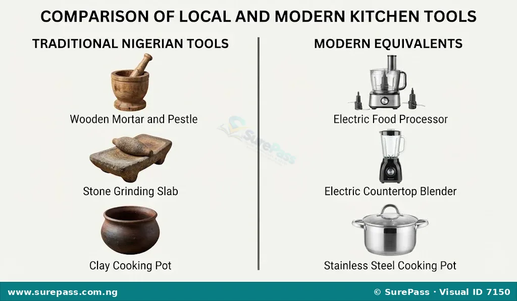 A side-by-side comparison of traditional Nigerian kitchen tools and modern electrical appliances.