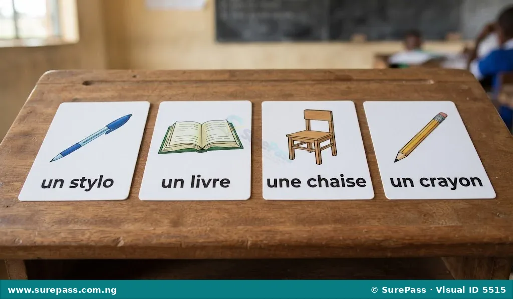 Four French vocabulary flashcards showing a pen, a book, a chair, and a pencil with their French names.