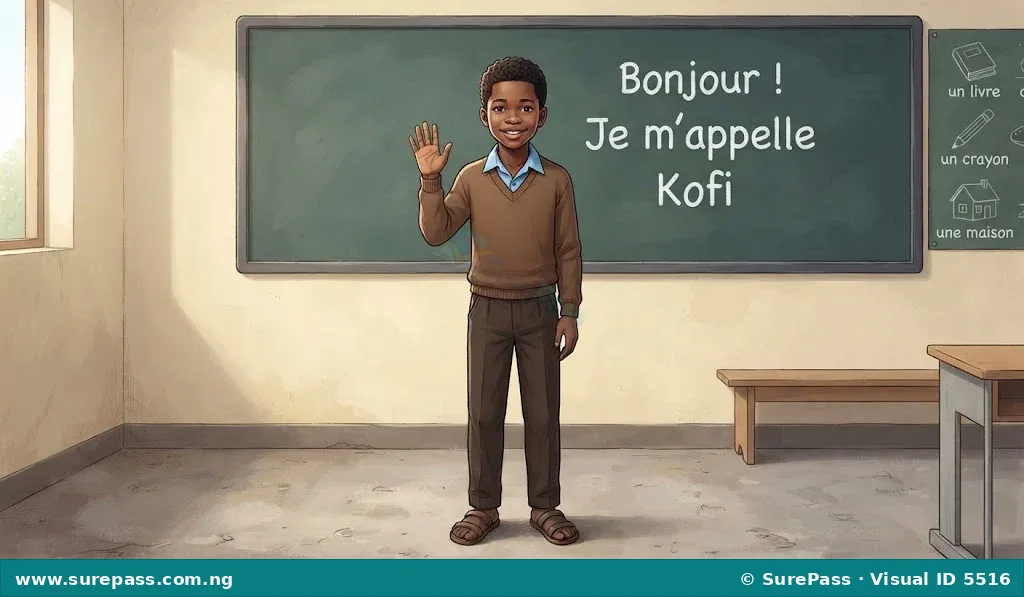 A young Nigerian schoolboy waving and introducing himself in a classroom.
