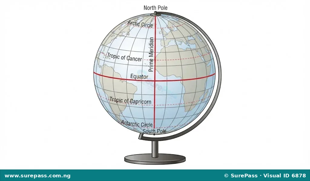 A globe showing the Earth with a grid of imaginary lines of latitude and longitude. The Equator and Prime Meridian are highlighted.