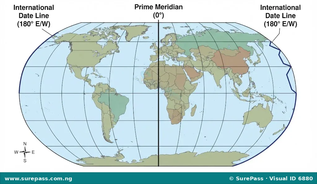 A flat map showing the Prime Meridian at 0 degrees and the International Date Line at 180 degrees, with other longitudes.