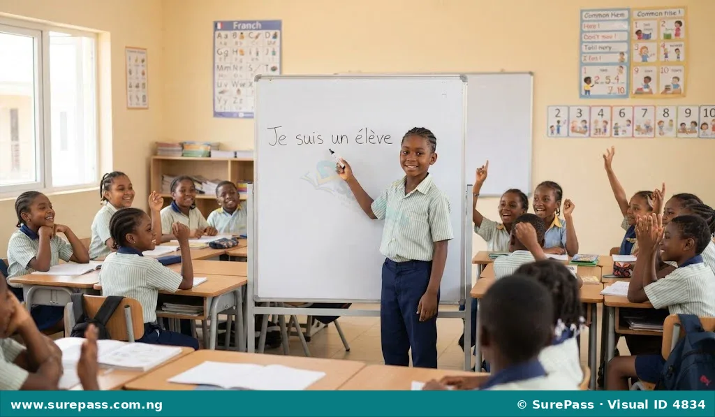 Children in a classroom learning French, with a boy pointing to the phrase "Je suis un élève" on the whiteboard.